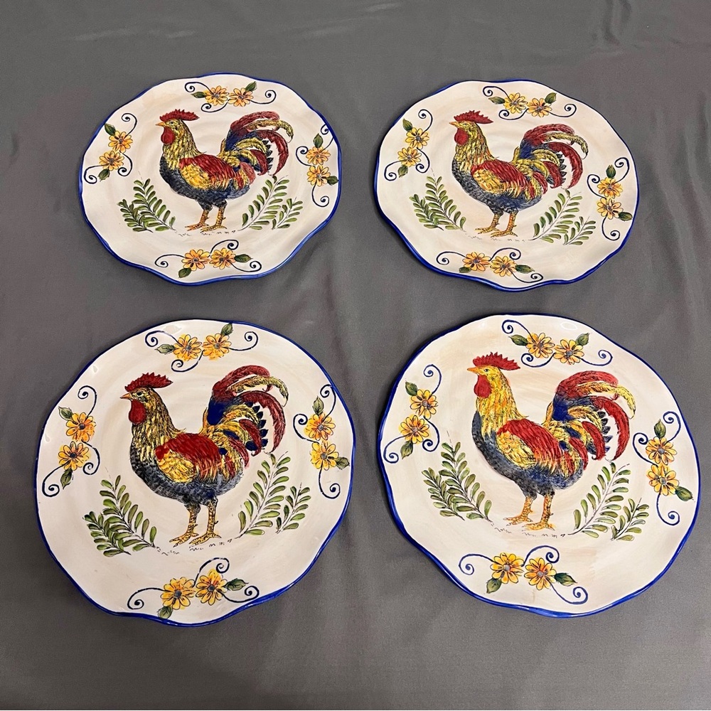 VTG Set Of 4 Ruffled Edge Hand Painted Ceramic Rooster Plates Colorful 10.5”